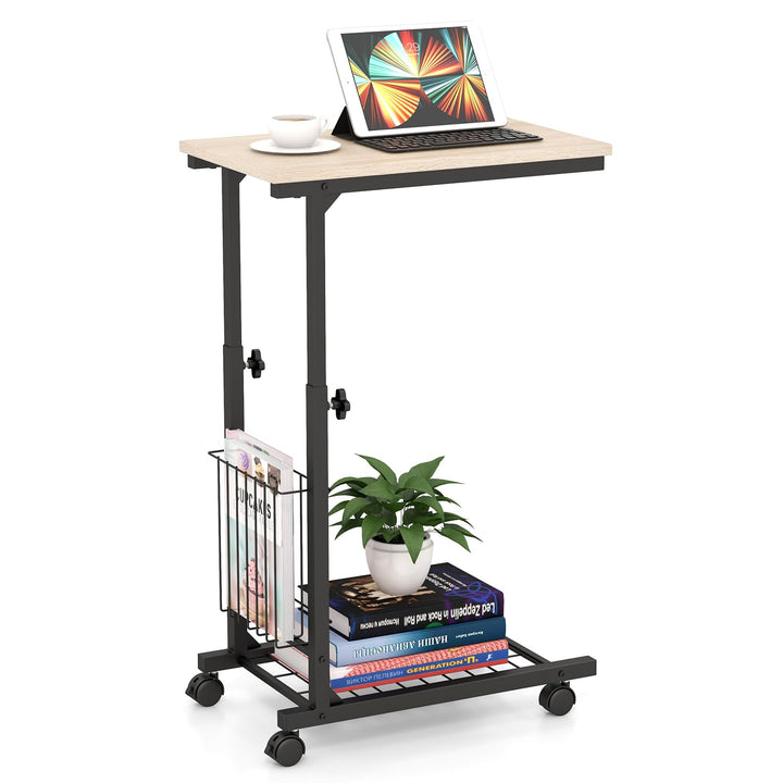 COSTWAY Beistelltisch mit Rollen, Laptoptisch höhenverstellbar, mit Aufbewahrungskorb, Sofatisch C-F