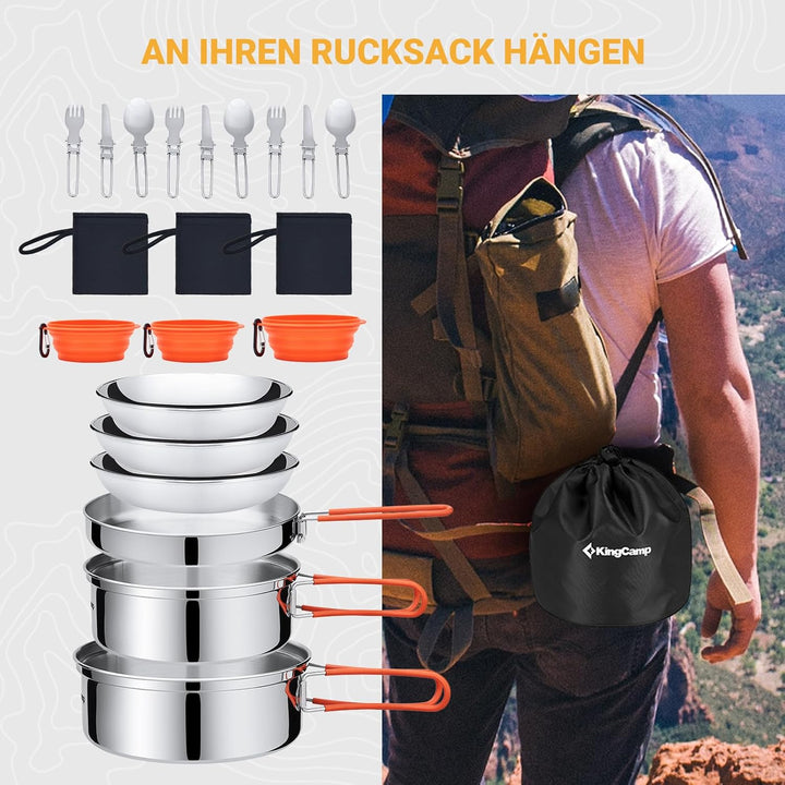 KingCamp Camping Geschirr Set 2-4 Personen I Camping Kochgeschirr aus Edelstahl I Camping Töpfe mit