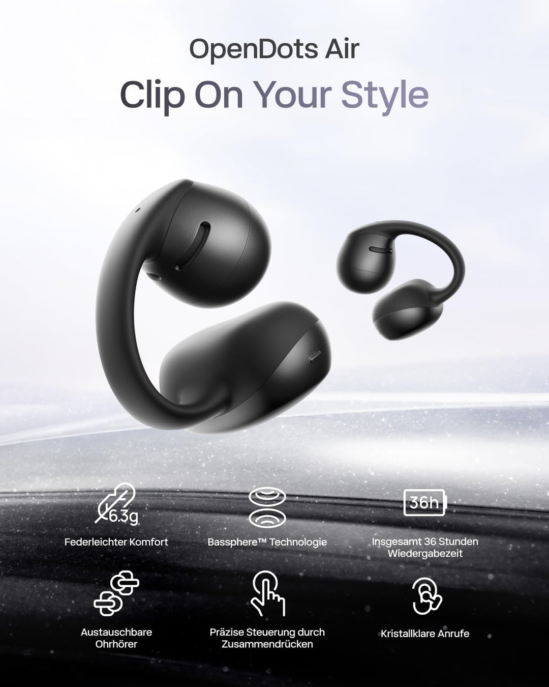 SHOKZ OpenDots Air Open-Ear-Kopfhörer mit Clip-on, ultraleichten 6,3 g, sicherer Passform, Deep Bass