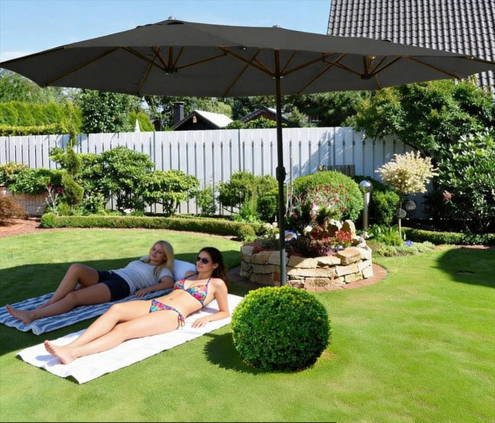 QMBasic Doppelsonnenschirm 4,6 x 2,7 m Oval Anthrazit Gartenschirm Kurbel Sonnenschirm Marktschirm T