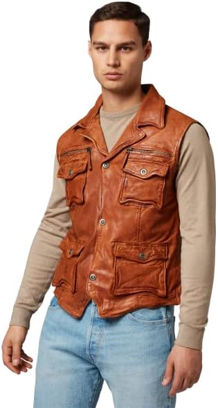 RICANO SK-Vest - Herren Lederweste aus echtem Lamm Nappa Leder Cognac Braun S, Cognac Braun S