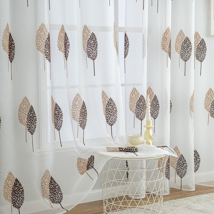 MIULEE Gardinen Transparent mit Kaffee und Braun Blätter Muster, Ösen Gardinen 280 cm Hoch, Modern G