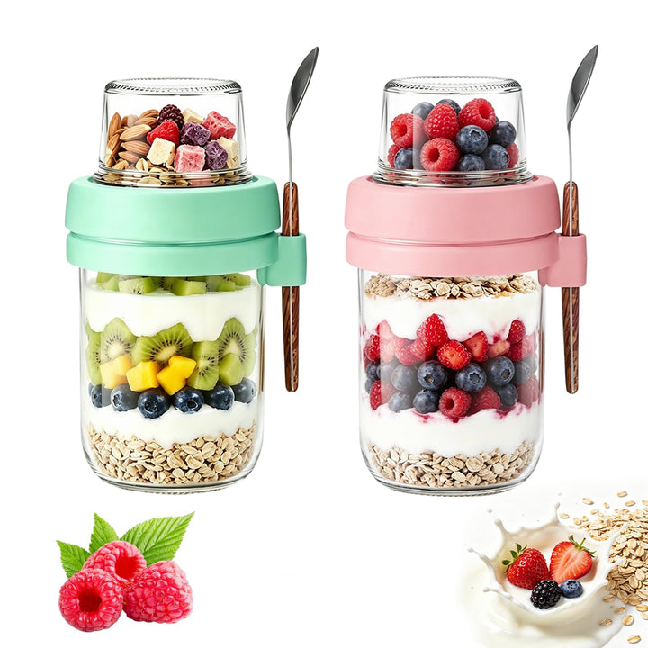 Müslibecher to Go mit Löffel,Joghurtbecher mit Toppingbehälter 480ml + 120ml,Overnight Oats Glas, Au
