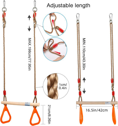 PELLOR Multifunktions Kinderholz Trapeze Schaukel mit Kunststoff Turnringe zum Aufhängen belastbar b