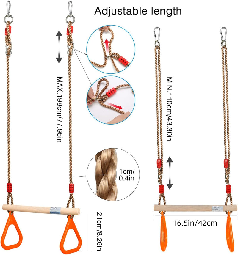 PELLOR Multifunktions Kinderholz Trapeze Schaukel mit Kunststoff Turnringe zum Aufhängen belastbar b