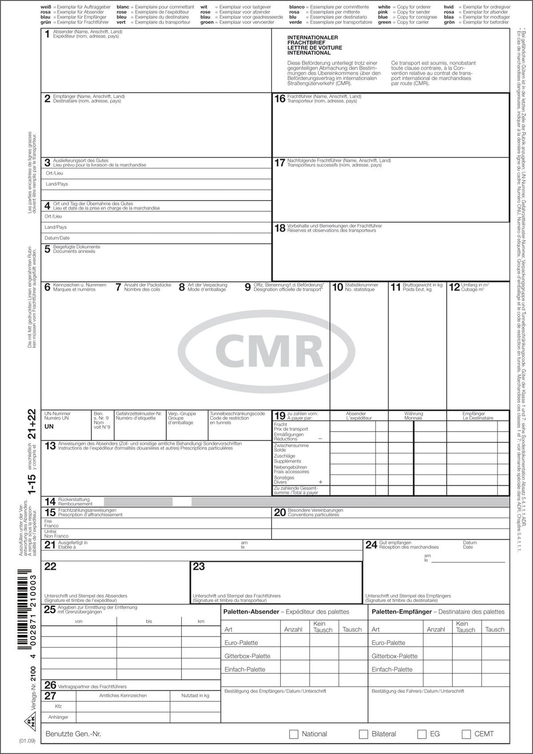 RNK 2100 - Internationaler Frachtbrief (CMR) - SD, 1 x 4 Blatt, DIN A4, 50 Stück
