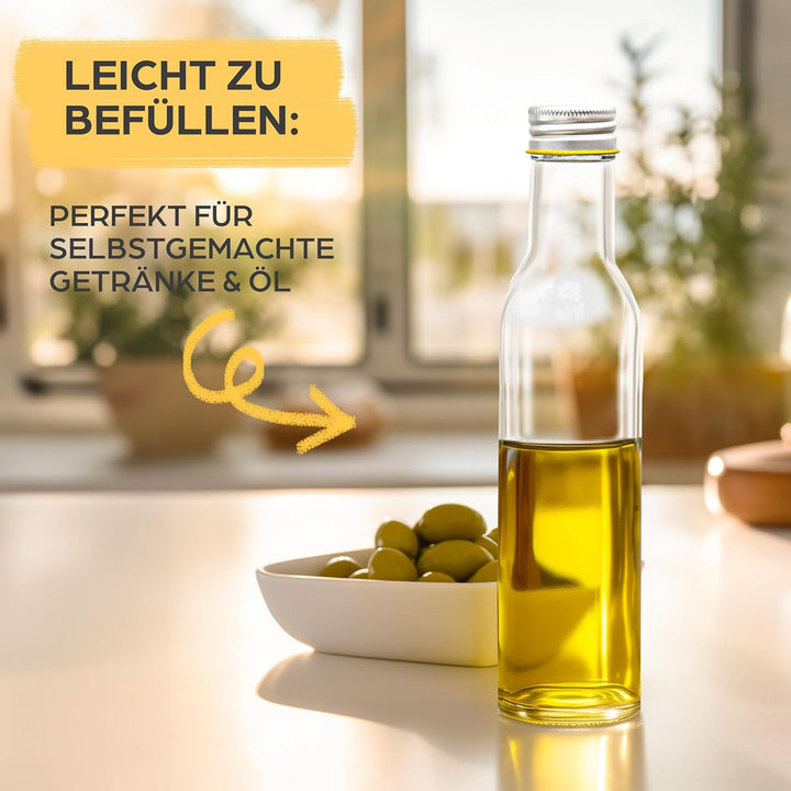 Praknu 12er Set Glasflaschen 250ml Schraubverschluss Eckig - Leere Flaschen zum Befüllen - 12 Etiket