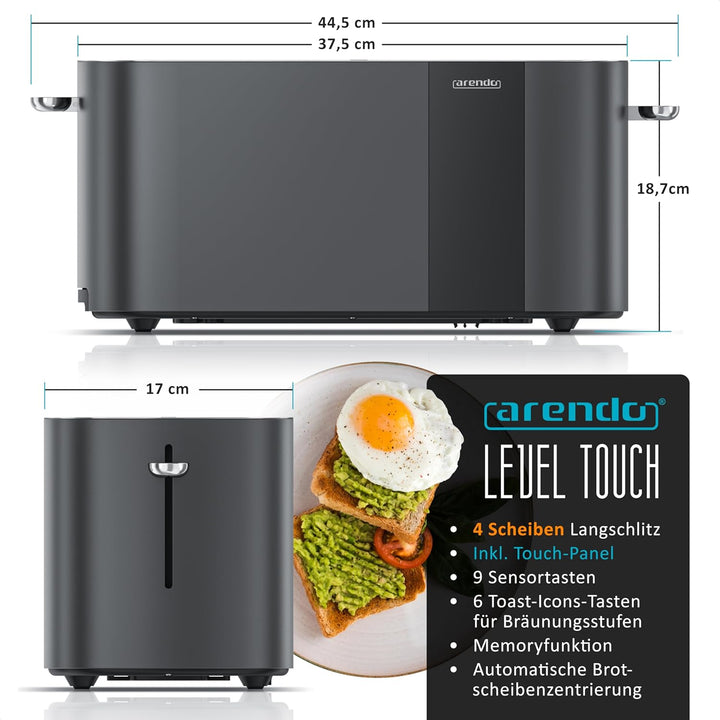 Arendo - Edelstahl Toaster 4 Scheiben Langschlitz - Touchscreen – Doppelwandgehäuse – 1500 W – Integ