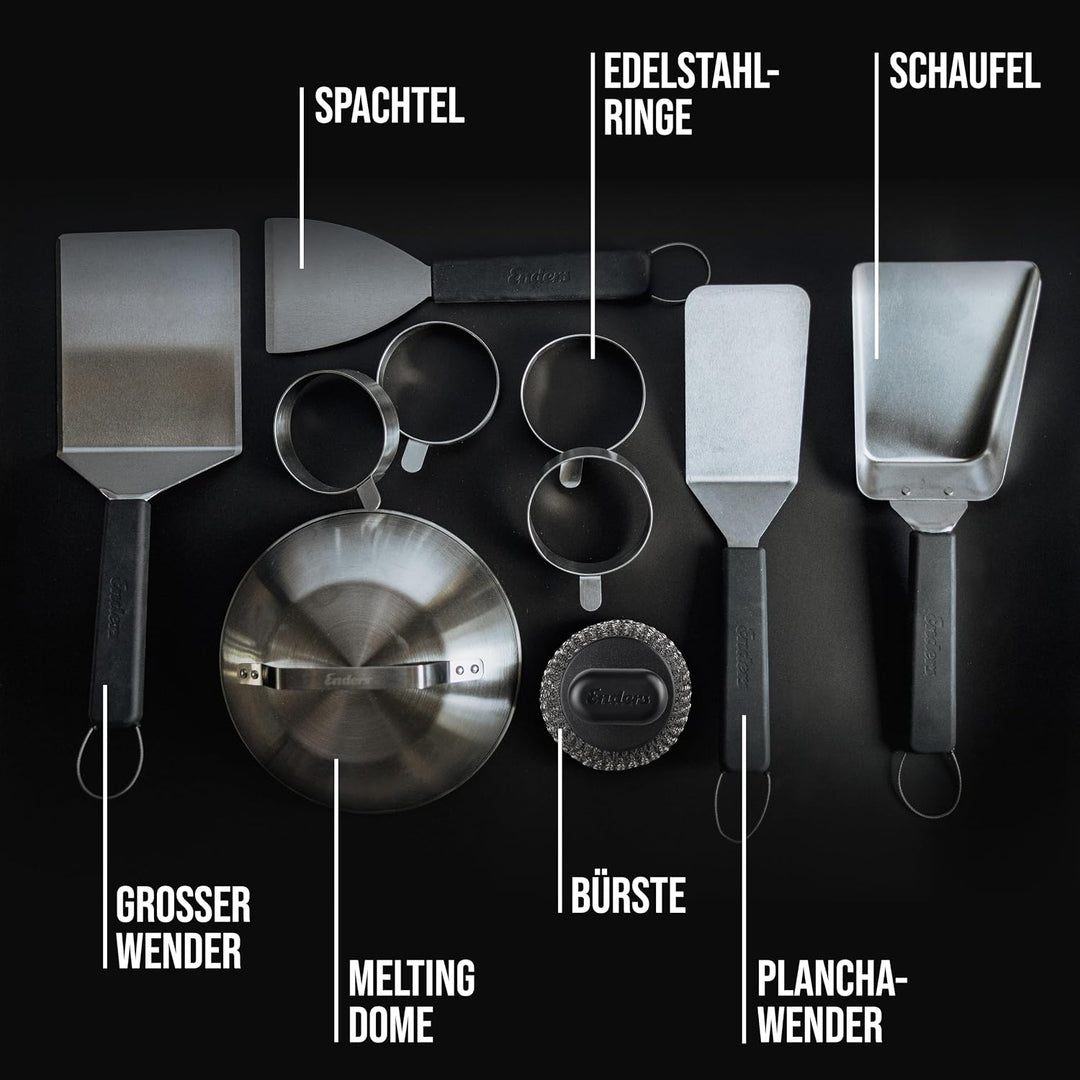 Enders® PLANCHA-Set inklusive Schaufel, Wender, Bürste, Spachtel, Edelstahlringen, Melting Dome und