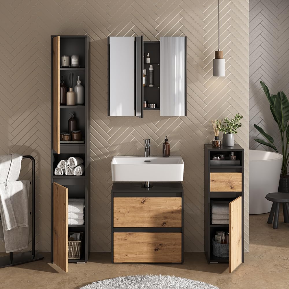 Vicco Midischrank Majest, Artisan, 30.2 x 96.3 cm mit Schublade und Tür, zur Aufbewahrung von Badute