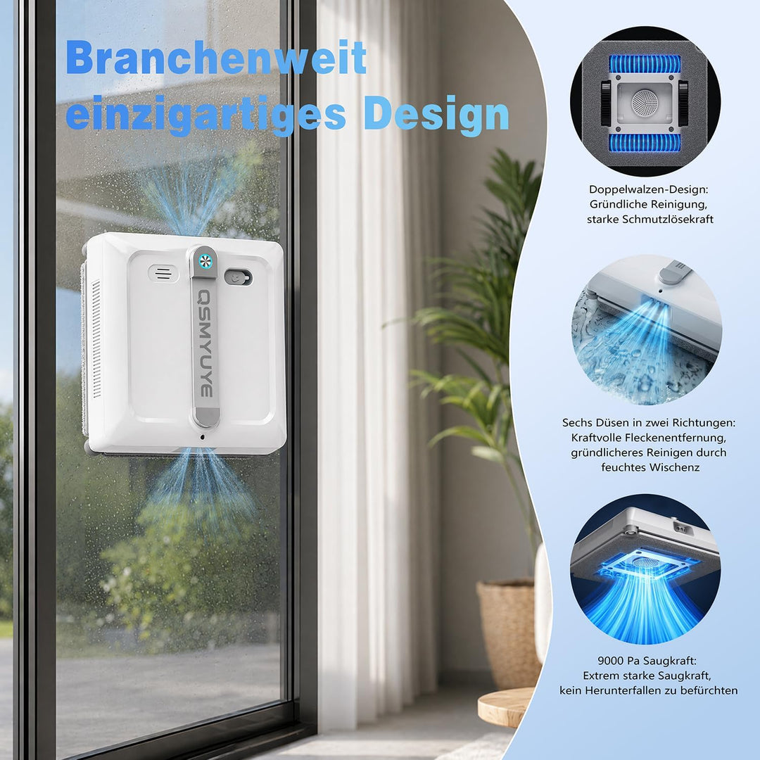 Fensterputzroboter, 9000Pa, Doppelwalzenbürste, für alle Fenster Weiss, Weiss