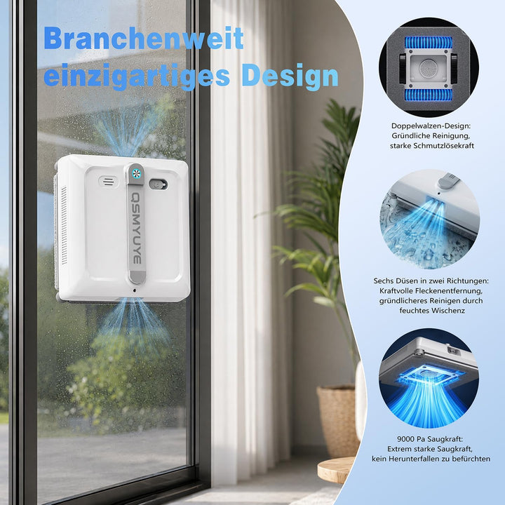 Fensterputzroboter, 9000Pa, Doppelwalzenbürste, für alle Fenster Weiss, Weiss
