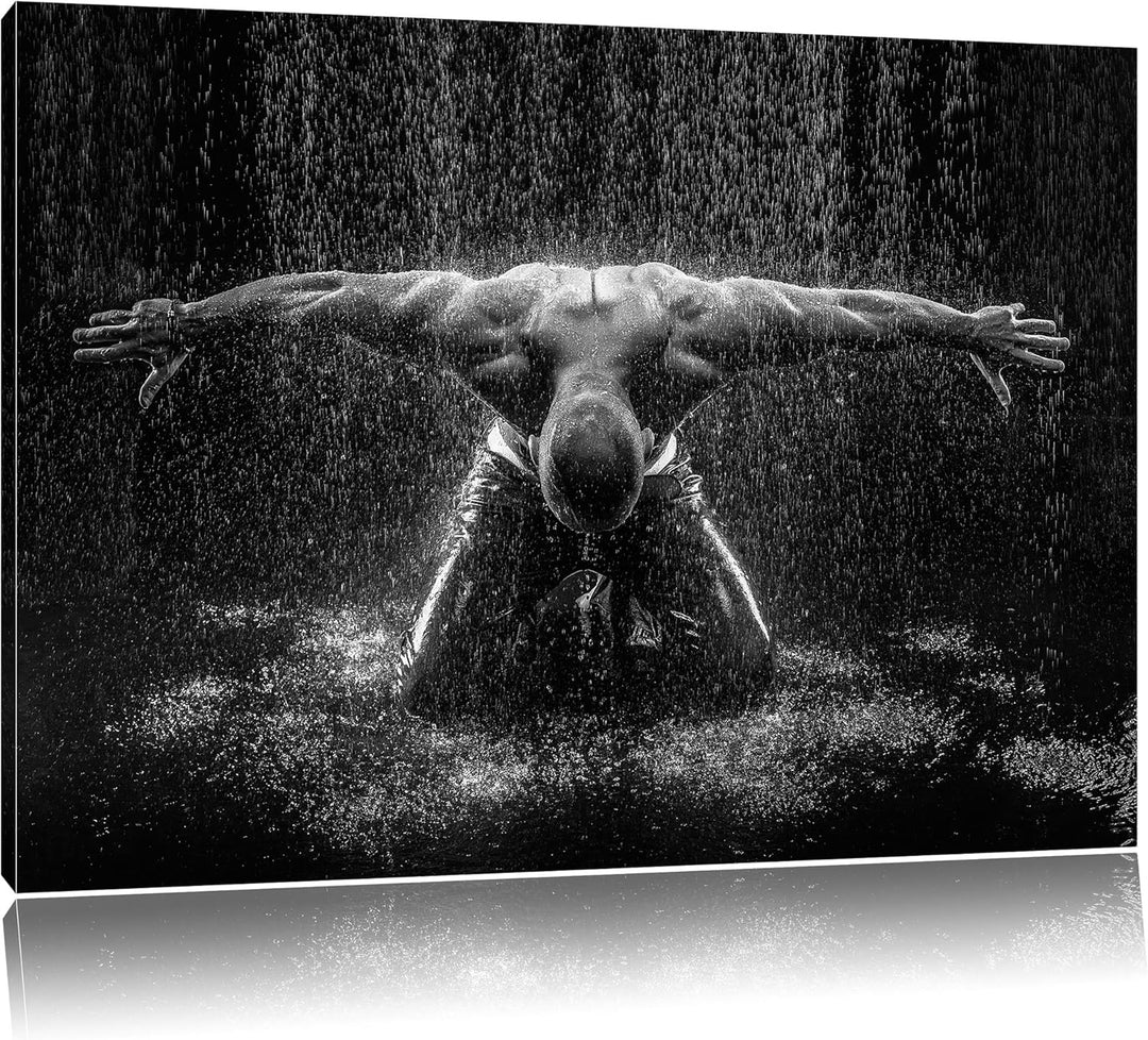 Pixxprint Bodybuilder im Regen als Leinwandbild/Grösse: 100x70 cm/Wandbild/Kunstdruck/fertig bespann