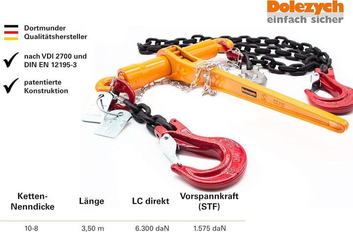 Dolezych Spannzurrkette, 1-teilig, mit DoRa Ratschlastspanner und Gabelkopfhaken. 6300 daN zulässige