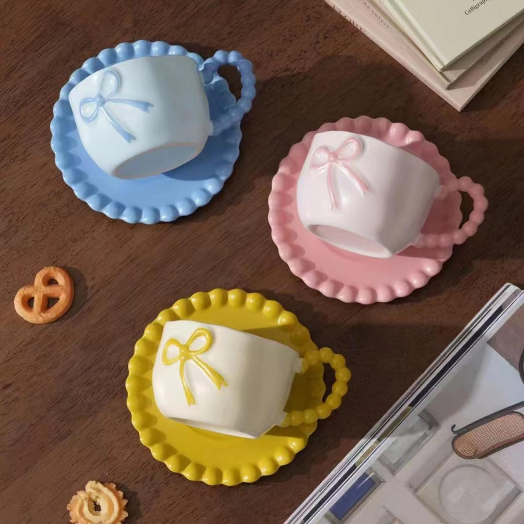 350 ML Blau Schleife Kaffeebecher Cute Mug Porzellan Kaffee Tee Tasse Keramik Tasse mit Schleife und