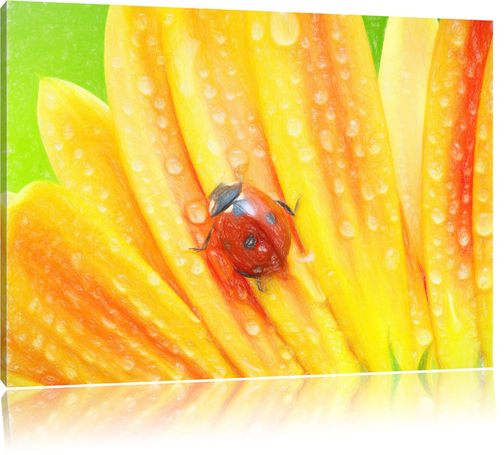 Pixxprint Marienkäfer auf gelber Blume Kunst Buntstift Effekt, Format: 100x70 auf Leinwand, XXL ries