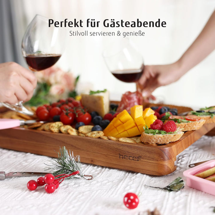 hecef Käseplatte Holz, Grosses käsebrett mit messern, Dessertgabeln, 2 Magnet-Schubladen & rosa Sili