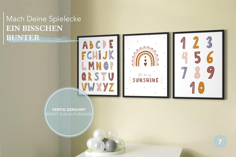 Papierschmiede® Kinderbilder 3er Set Lernposter, A4 gerahmt in Holzrahmen (schwarz), Geschenk für Mä