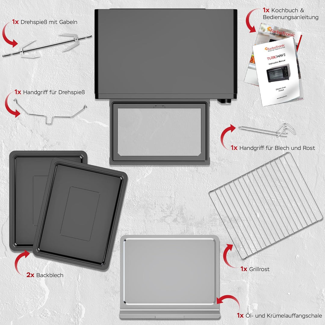 TurboTronic Minibackofen mit Umluft 45L schwarz 2000W, Drehspiess, Timer, Mini Backofen, Pizzaofen,