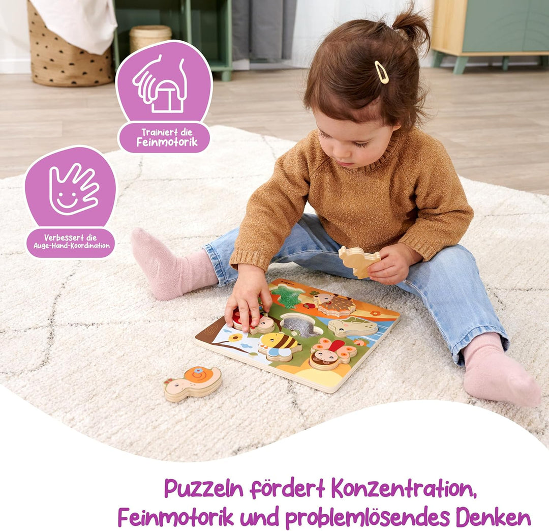 Eichhorn – Stoff Fühlpuzzle mit 7 Tieren und unterschiedlichen Textilelementen, fördert die Feinmoto