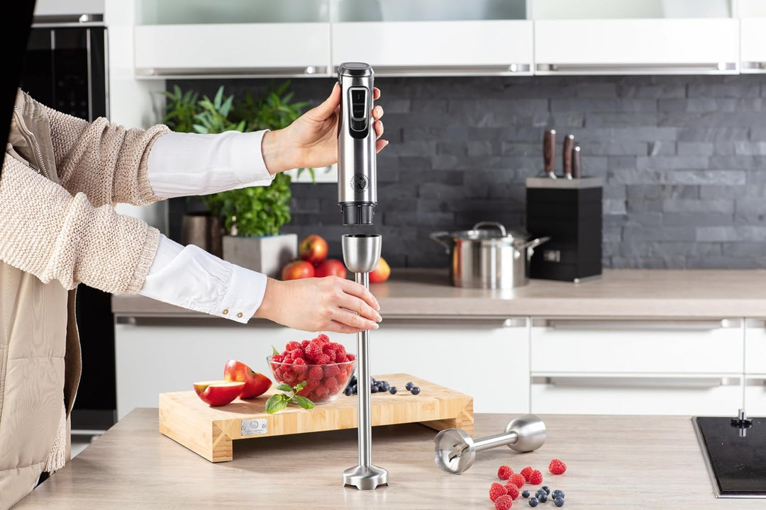 CHEF CUISINE Akku-Stabmixer, Edelstahl, 180W, 23.000 U/min, 9 Geschwindigkeitsstufen, 2x Pürierstäbe