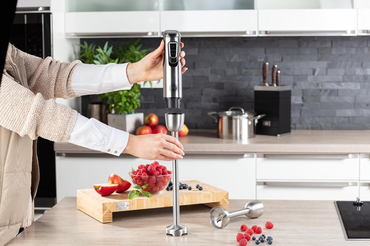 CHEF CUISINE Akku-Stabmixer, Edelstahl, 180W, 23.000 U/min, 9 Geschwindigkeitsstufen, 2x Pürierstäbe