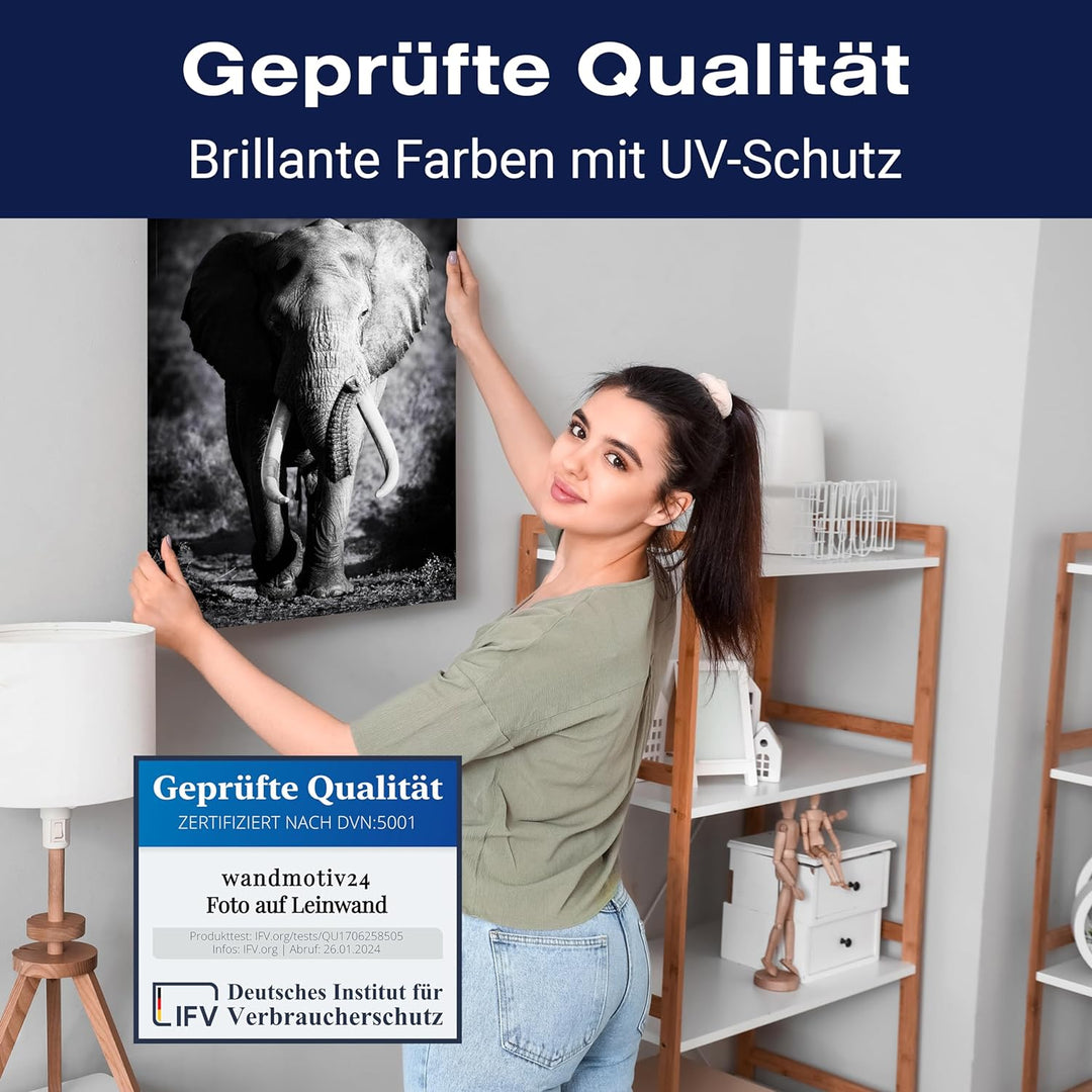 wandmotiv24 Leinwandbild Tiere 80x60cm, Hochformat, Elefant, Deko, Bilder auf Leinwand, Wanddeko, XX