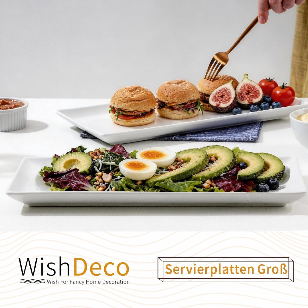 WishDeco Servierplatte Gross 2er Set, Servierteller Porzellan 40x19 cm, Kuchenplatte Rechteckig, Tel