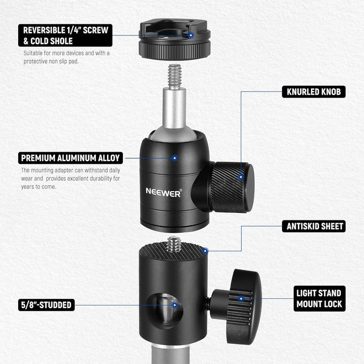 NEEWER 2X Stativ Montageadapter mit Zubehörschuh 1/4" Schraube Mini Kugelkopf, umkehrbare Montagepla