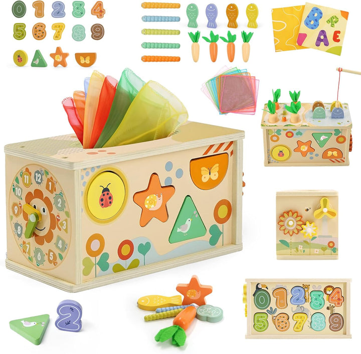 Montessori Spielzeug Baby ab 1 Jahr, 6 in 1 Tücherbox Montessori-Holzspielzeug mit Zahnrädern, Angel