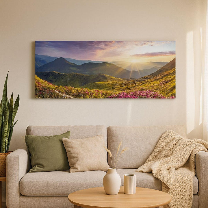 Wandbilder Dekoration Wohnzimmer Gebirge Wiese Landschaft Wald Panorama Bilder auf Leinwand 120x50cm