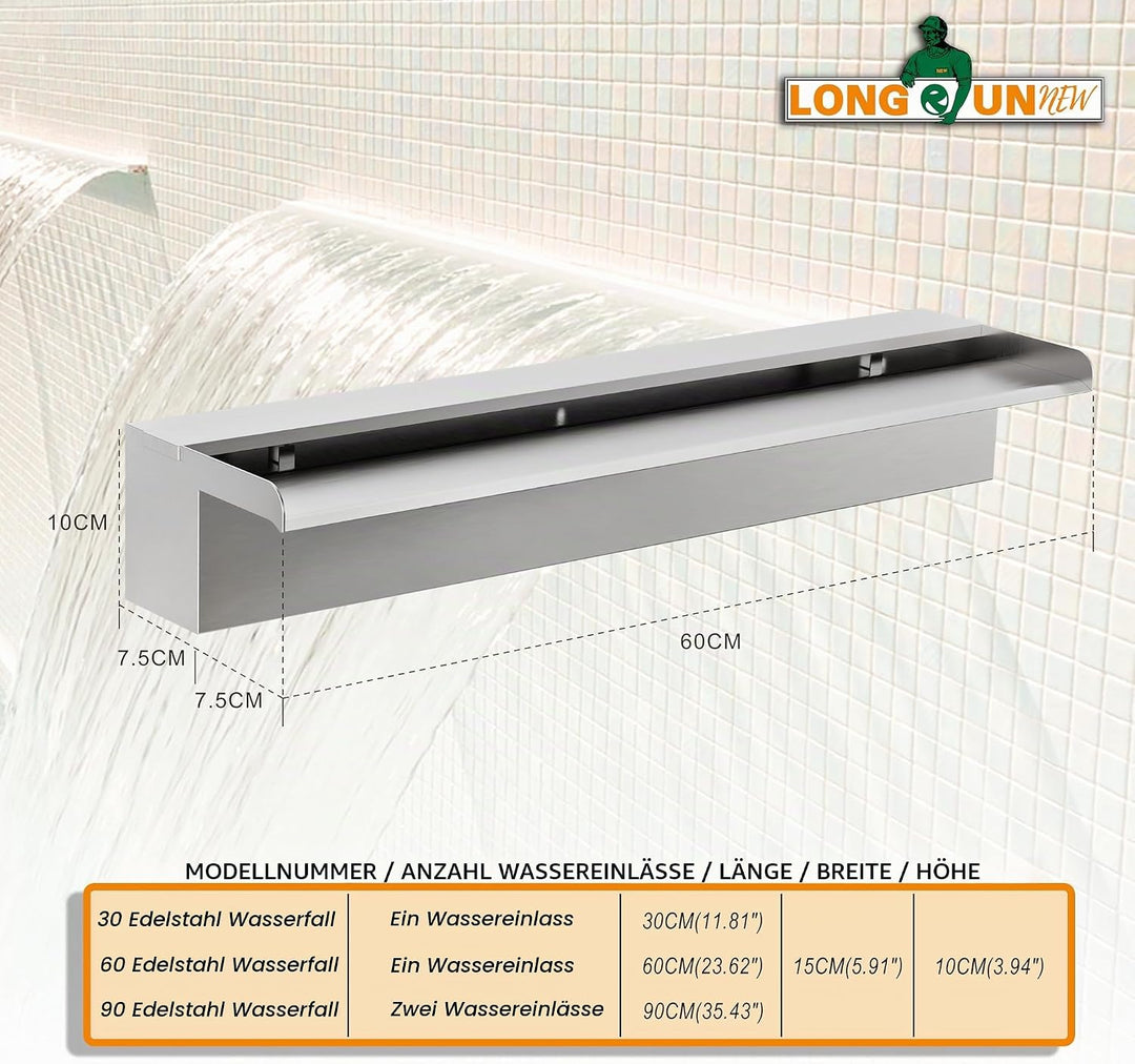 Teich Wasserfallklingen Set, 60 cm Edelstahl Poolfontäne mit Zubehör, Breite 15 cm Auslauf Wasserspi