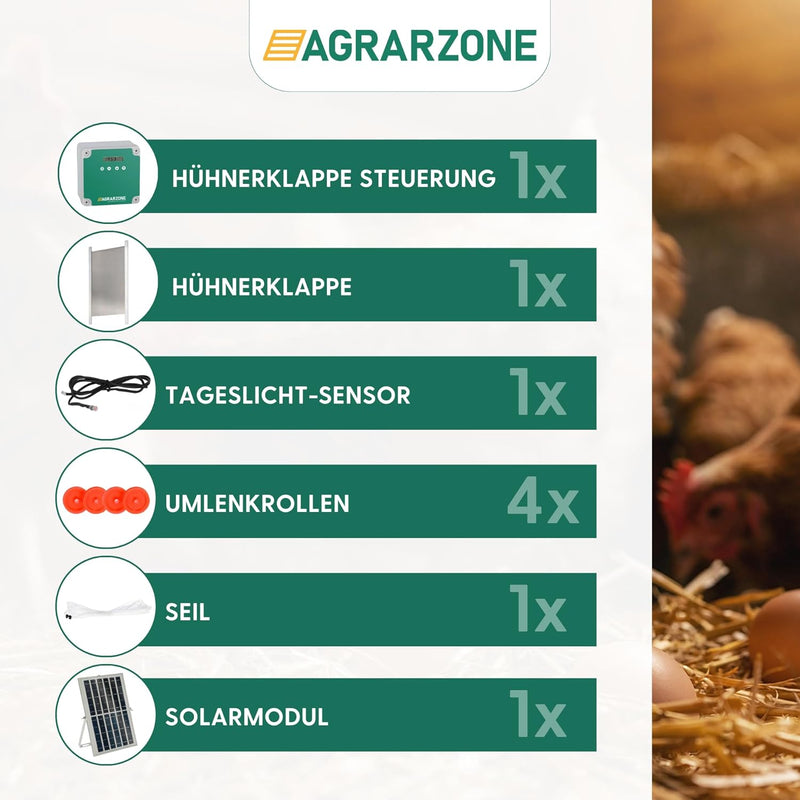 Agrarzone automatische Solar Hühnertür Hühnerklappe mit Schieber 30 x 40 cm | Türöffner Hühnerstall