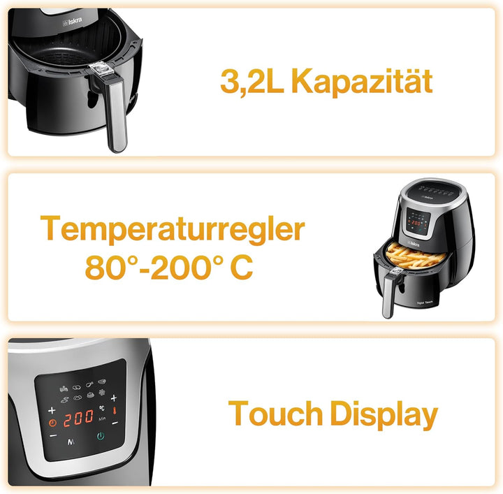 Iskra Heissluftfritteuse klein | 3.2L Airfryer | Touchscreen mit 8 Programmen | Gesunde Fritteuse oh