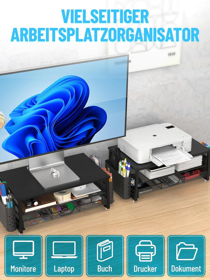 Monitor Ständer mit 2 Ebenen,Druckerständer, Monitorständer mit Gitterplattform, Schublade und Stift
