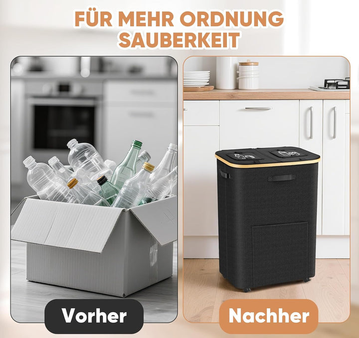 160L Leergut Sammelbehälter mit 2 Fächer, Pfandflaschen Sammelbehälter mit Rollen, Pfandbehälter mit