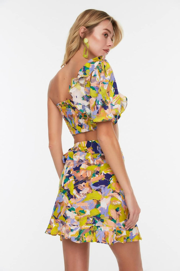 TRENDYOL Damen Arm Detail Printed Sub-top Team Skirt Set, Multi Color, 36 EU