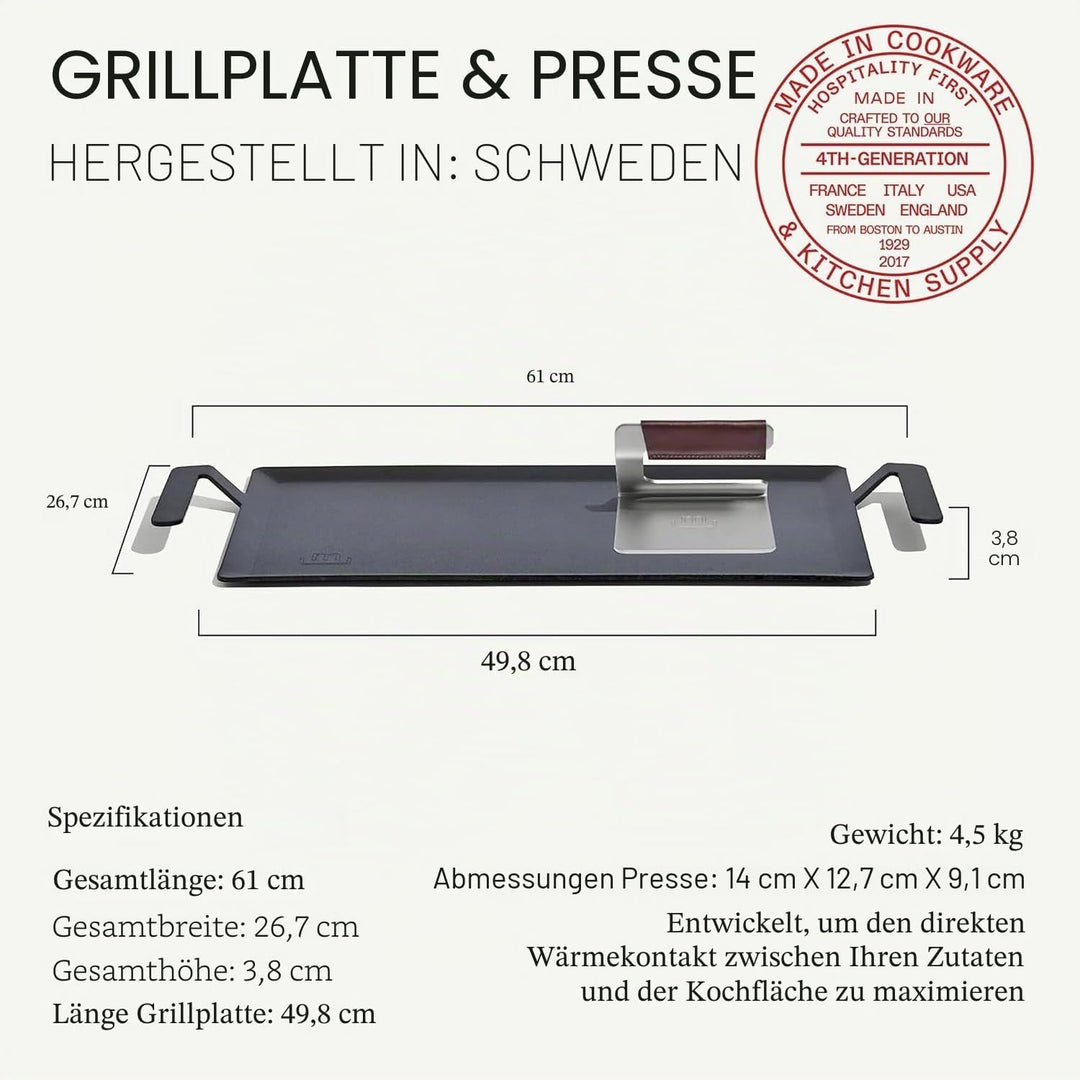 Made In Kochgeschirr – Grillplatte + Grillpresse aus Kohlenstoffstahl – (wie Gusseisen, aber besser)