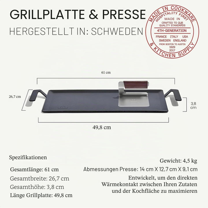 Made In Kochgeschirr – Grillplatte + Grillpresse aus Kohlenstoffstahl – (wie Gusseisen, aber besser)