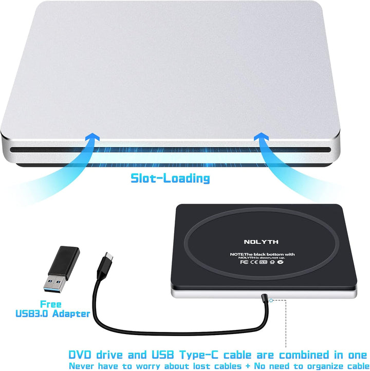NOLYTH Externes CD Laufwerk für Laptop, DVD Laufwerk Extern für Mac MacBook, Slot-in Externe Optisch