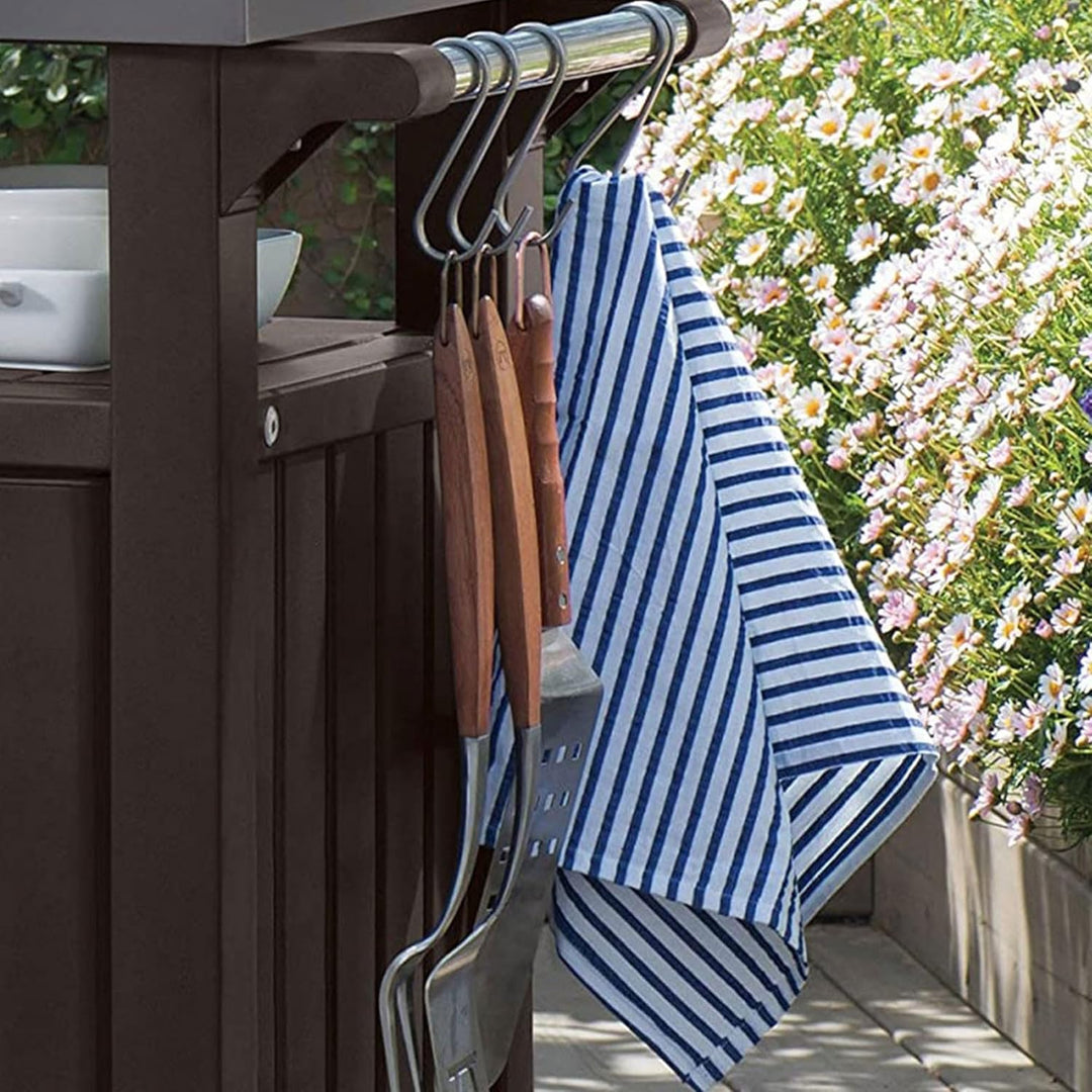 Keter Unity Portable 40 Gal Outdoor Table and Storage Cabinet w/ Accessory Hooks, Stainless Steel To
