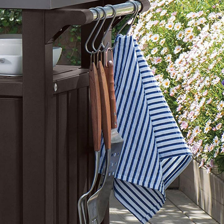Keter Unity Portable 40 Gal Outdoor Table and Storage Cabinet w/ Accessory Hooks, Stainless Steel To