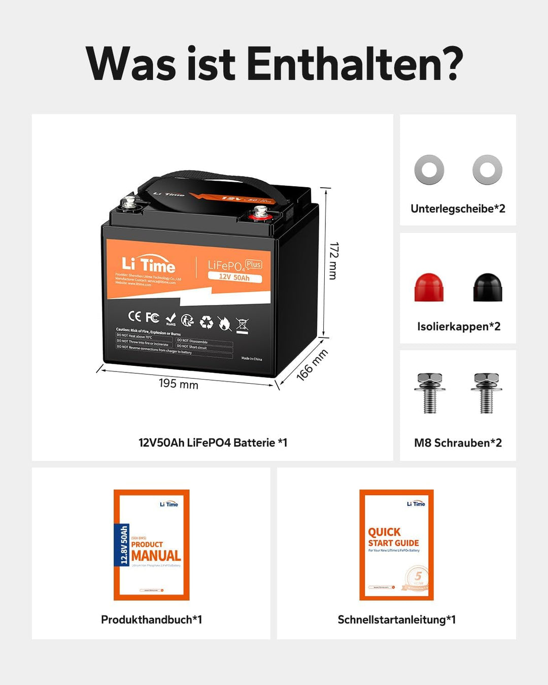 LiTime 12V 50Ah LiFePO4 Batterie mit Max. 15000 Zyklen und 10 Jahre Lebensdauer, Eingebautes 50A BMS
