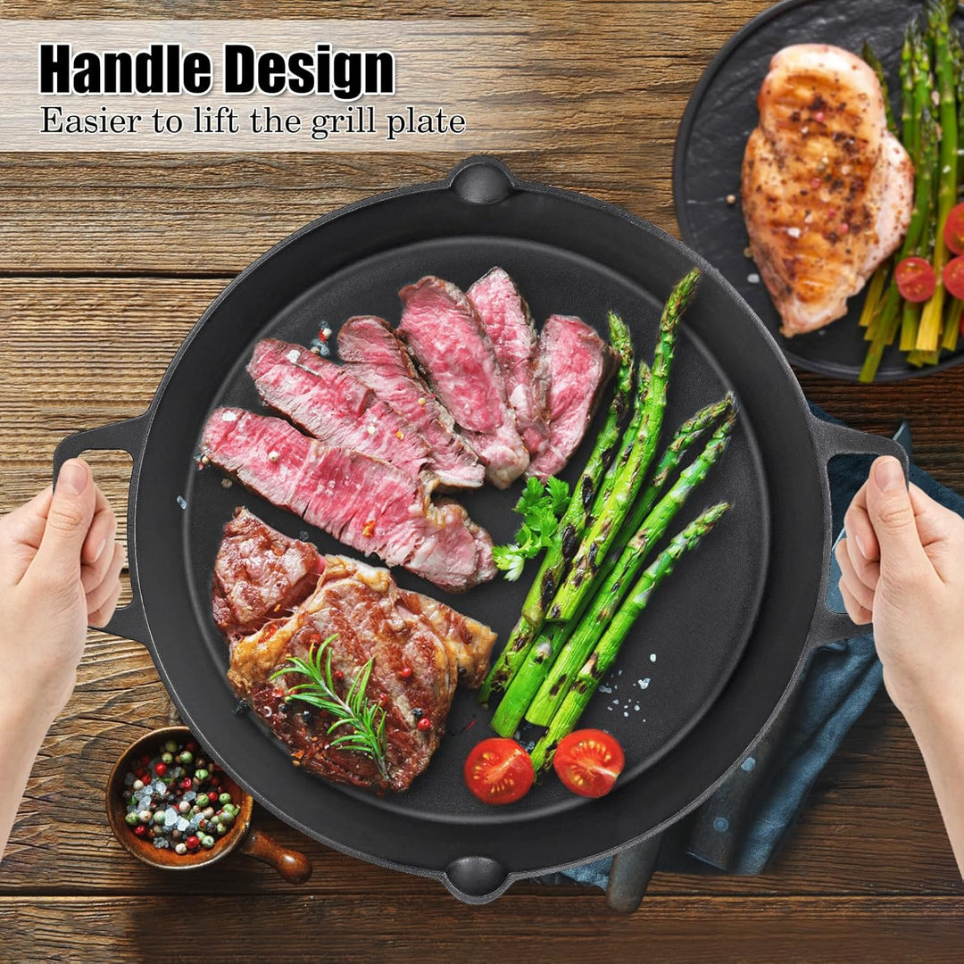 Denmay Ø 40cm Universal Gusseisen Grillpfanne, gross rund Gusspfanne mit zwei Griffe und zwei Ausgie
