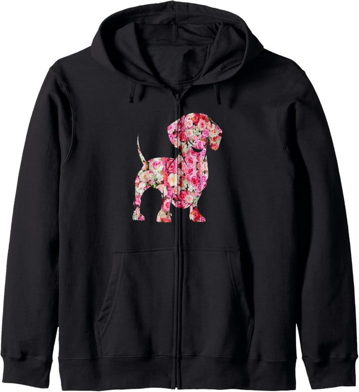 Einzigartiges T-Shirt mit Dackel und Blumen Kapuzenjacke