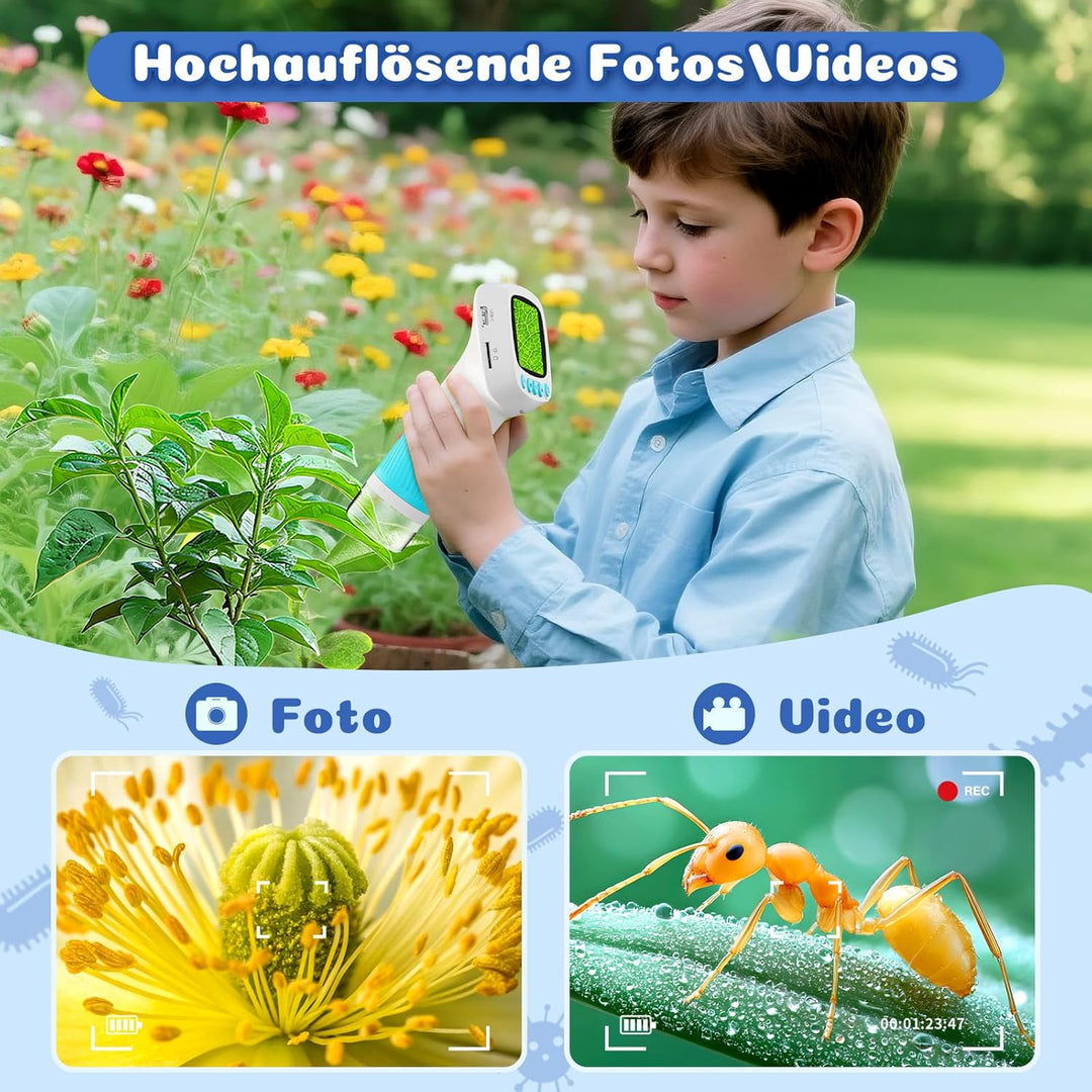 Tragbares Kinder Mikroskop, 1000x Digitales Mikroskop für Kinder mit 8GB Karte, 2 Zoll IPS Bildschir
