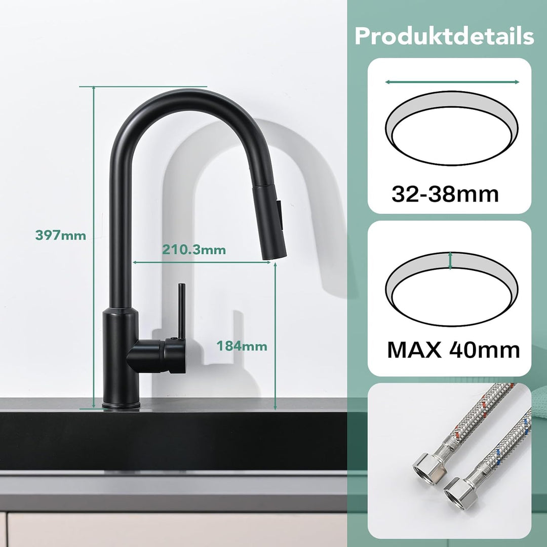 Wasserhahn Küche Küchenarmatur mit ausziehbarer Brause Spültischarmatur, ausziehbarer Wasserhahn, 36