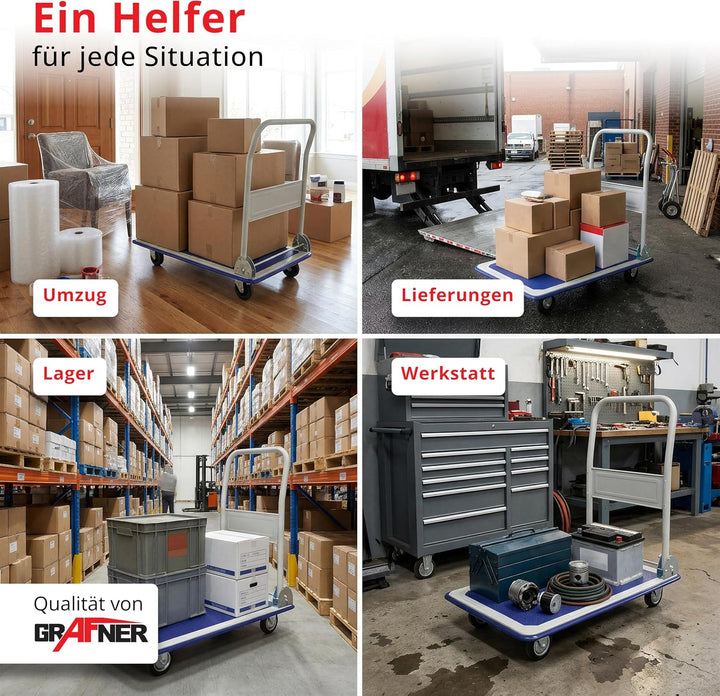 Grafner Industrie Plattformwagen mit pannensicheren Reifen, klappbar, 150 kg Tragkraft, Antirutsch-B