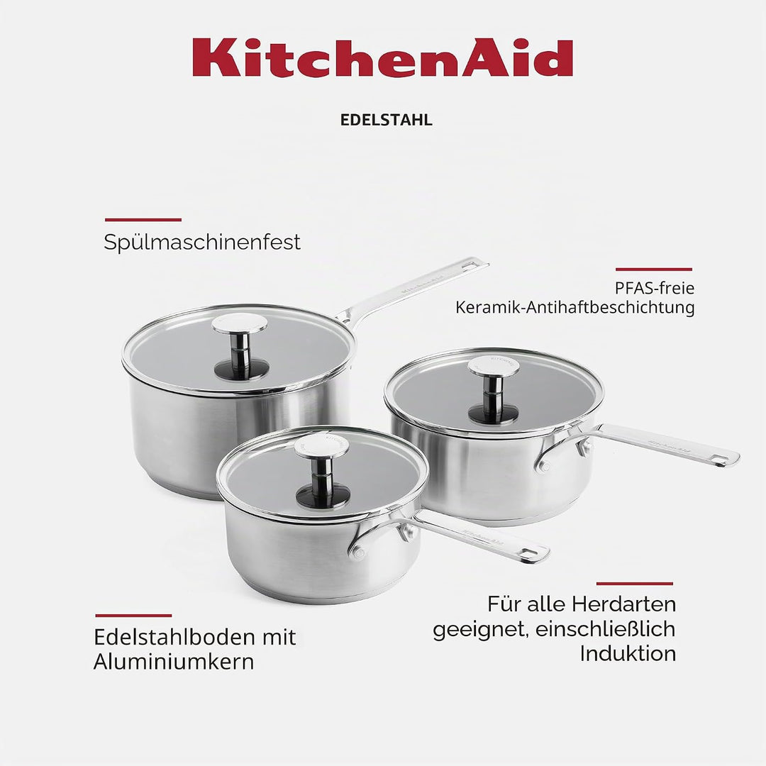 KitchenAid Stainless Steel Stielkasserollen-Set (16cm, 18cm & 20cm), PFAS-freie keramische Antihaftb