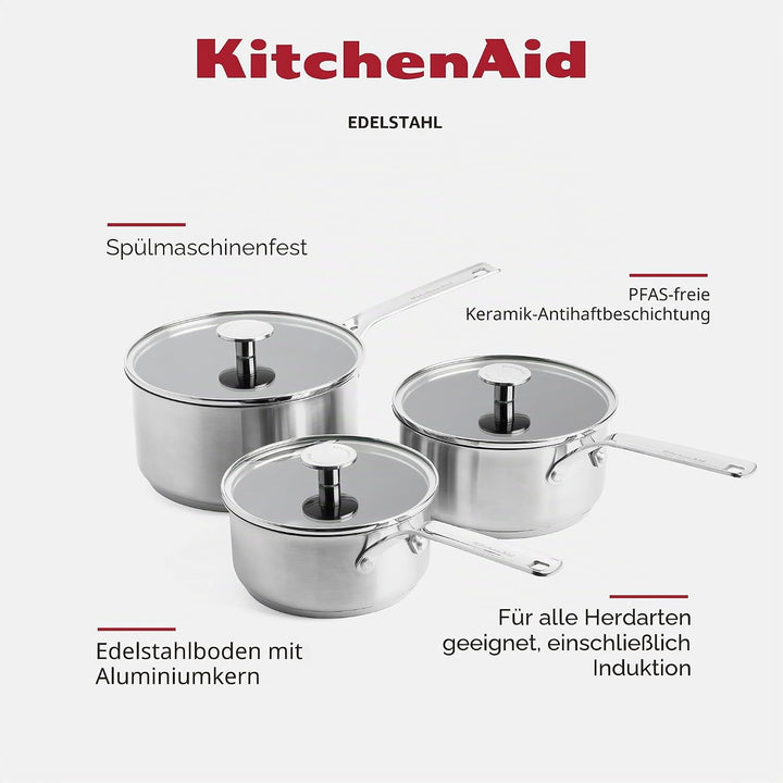 KitchenAid Stainless Steel Stielkasserollen-Set (16cm, 18cm & 20cm), PFAS-freie keramische Antihaftb